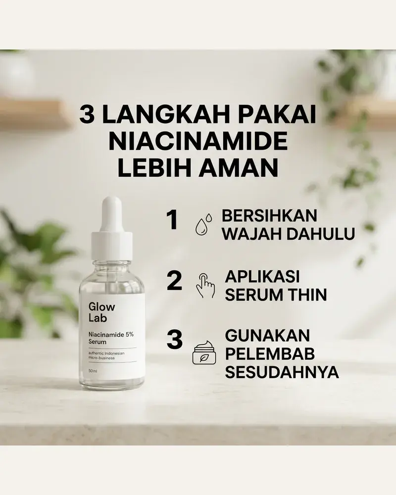 Infografis 3 langkah pakai niacinamide untuk pemula, hasil generate Kontenin