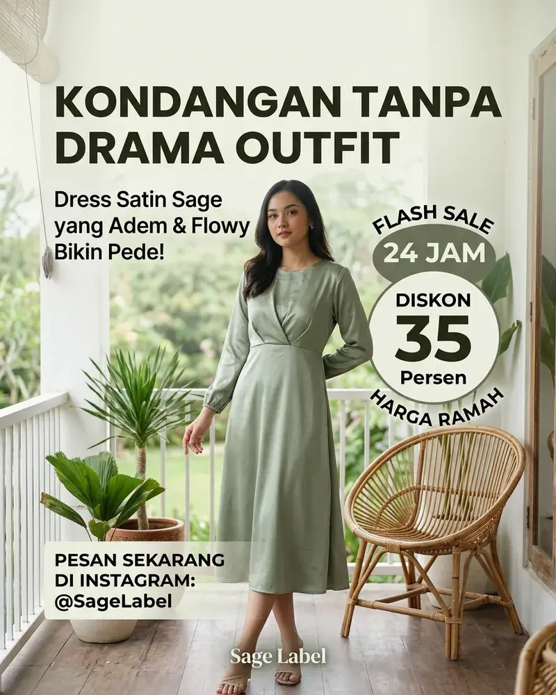 Poster flash sale dress satin sage untuk kondangan diskon 35 persen, hasil generate Kontenin