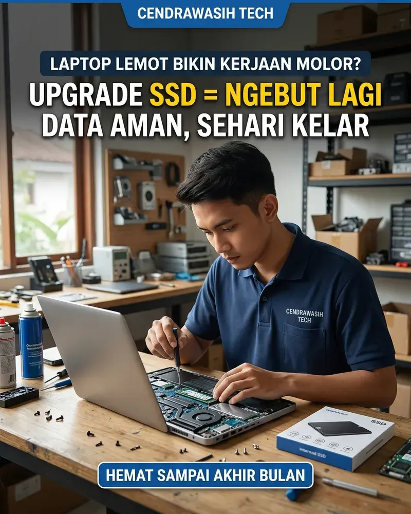 Poster promo upgrade SSD laptop Cendrawasih Tech, hasil generate Kontenin
