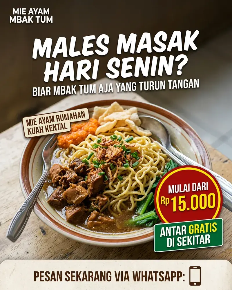 Poster promo mie ayam Mbak Tum mulai 15 ribu dengan antar gratis, hasil generate Kontenin